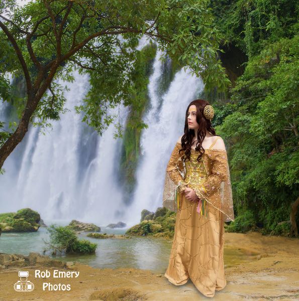 Padme Amidala pensive at a waterfall